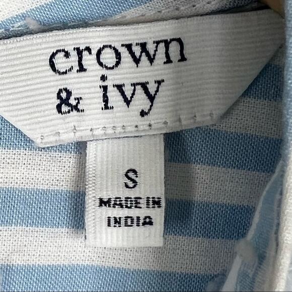 Crown & Ivy blue white stripe high neck Swiss dot scalloped long sleeve blouse - Picture 7 of 8